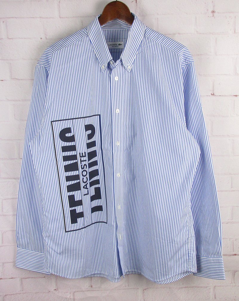 LAS9081 LACOSTE ラコステ CH6378 オーバーサイズ ボックスプリント ストライプ シャツ ボタンダウン ブルー FR 40/US M 未使用拍卖