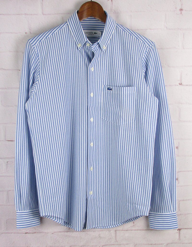 MAS9079 LACOSTE ラコステ CH718LJ クールマックスブレンド 鹿の子地 ストライプシャツ ブルー FR 38/US S 未使用拍卖