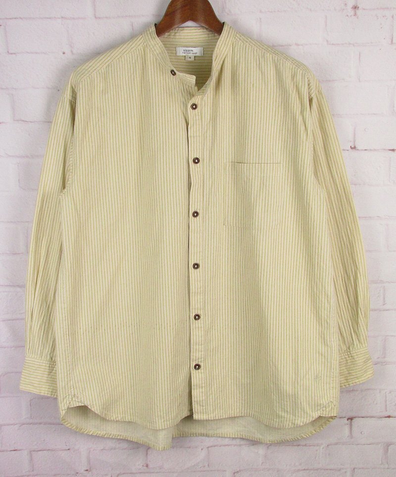 LAS9083 Sisam シサム CH EMOC タテシマキチントストラップ シャツ バンドカラー ストライプ 長袖 シャツ ベージュ系 M拍卖