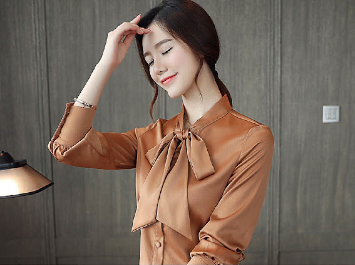 新品傷なし】 リボン タイ シャツ ボウタイ トップス レディース 韓国 長袖ブラウス拍卖