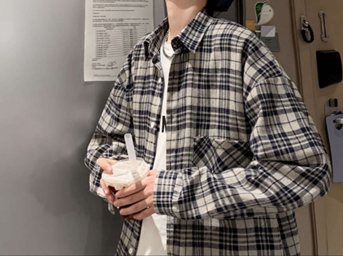 【新品傷なし】 チェックシャツ グレーメンズLサイズ シャツ 長袖拍卖