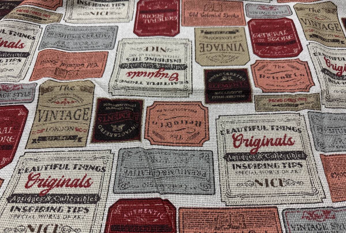 3m 綿麻 パナマメッシュ 110×300cm ビンテージロゴ / 生地 はぎれ ラベル柄 ヴィンテージ風 日本製拍卖