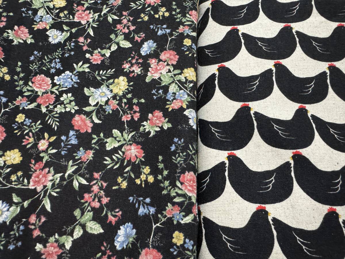 3.8m 綿麻キャンバス 108×195+190cm 合計385cm フラワー にわとり / 生地 はぎれ 日本製 コットンリネン 綿麻 キャンバス拍卖