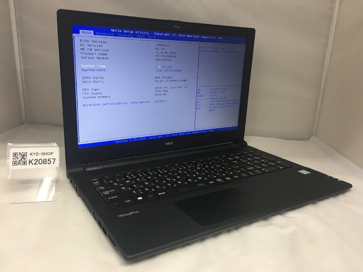 ジャンク/NEC VersaPro PC-VKV27EZG4/Core i7 第7世代 2.70GHz/ストレージ無し/8GB/15.6インチ/大容量メモリ/テンキー/AC欠品【K20857】拍卖
