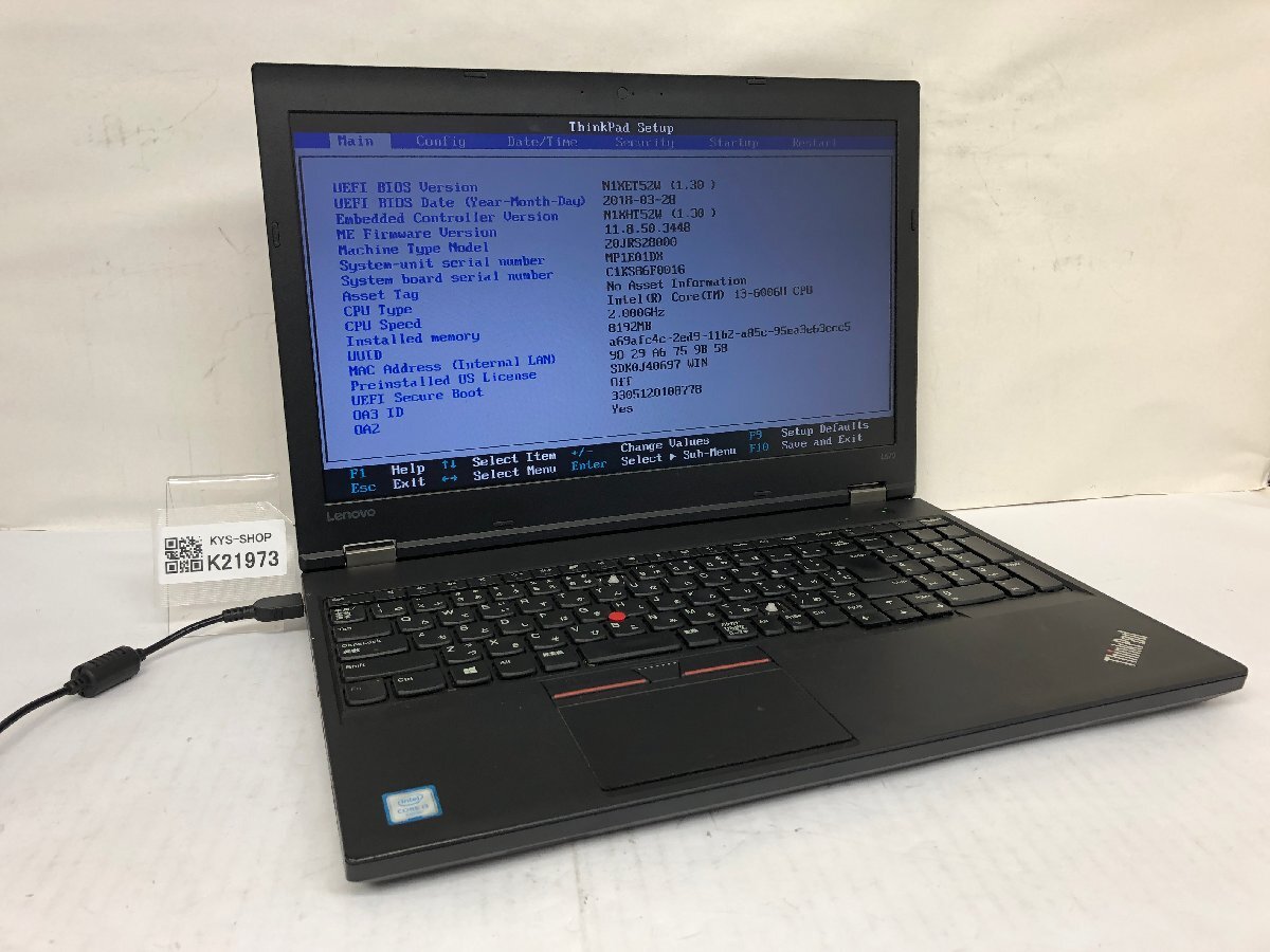 ジャンク/ LENOVO 20JRS28000 ThinkPad L570 W10DG Intel Core i3-6006U メモリ8.19GB ストレージ無し 【K21973】拍卖