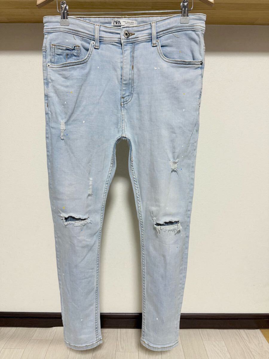 春夏用 伸縮性強め ペイント ZARA MAN ストライプ ストレッチ 送料230円 42 32 ウルトラ スキニー ダメージ デニム パンツ メンズ ジーンズ拍卖