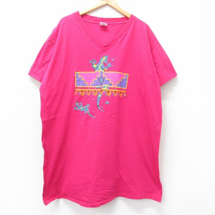 古着 半袖 ビンテージ Tシャツ ワンピース レディース 90s トカゲ 大きいサイズ ロング丈 コットン Vネック 濃ピンク 25sep01 中古拍卖