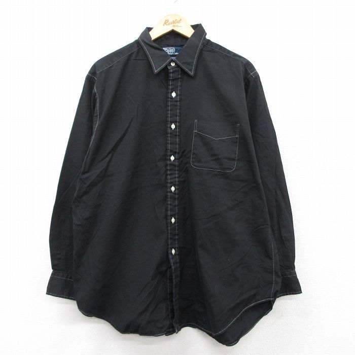 XL/古着 ラルフローレン 長袖 ブランド シャツ メンズ 90s ANDREW オックスフォード 大きいサイズ ロング丈 コットン ボタンダウン 黒 ブラ拍卖