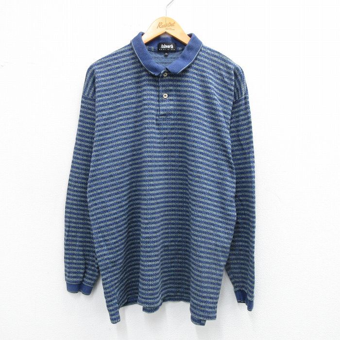 XL/古着 長袖 ポロ シャツ メンズ 90s 総柄 コットン 紺他 ネイビー ボーダー 25sep01 中古 トップス拍卖