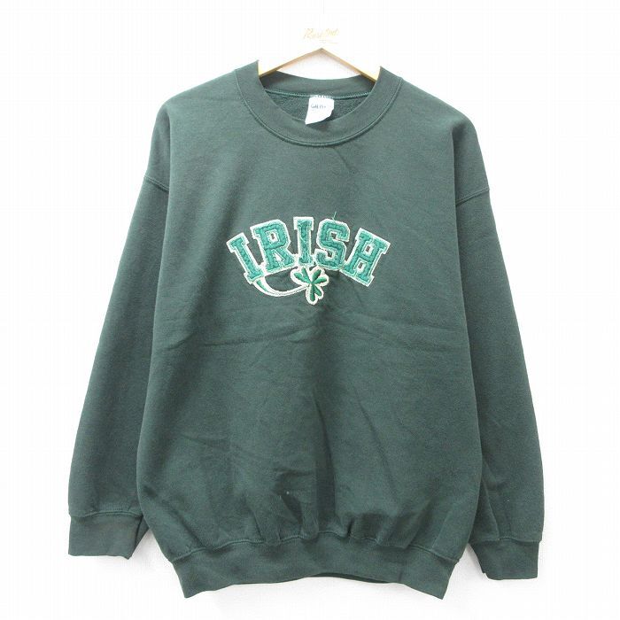 L/古着 長袖 スウェット メンズ 00s アイリッシュ クルーネック 緑 グリーン 25sep04 中古 スエット トレーナー トップス拍卖