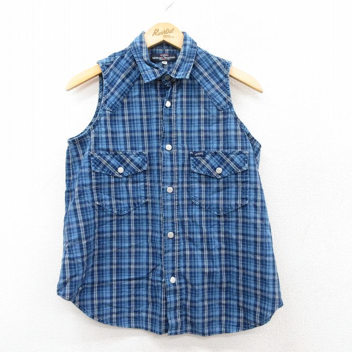 S/古着 ゲス GUESS ノースリーブ ウエスタン シャツ メンズ 90s 青他 ブルー チェック 25sep01 中古 トップス拍卖