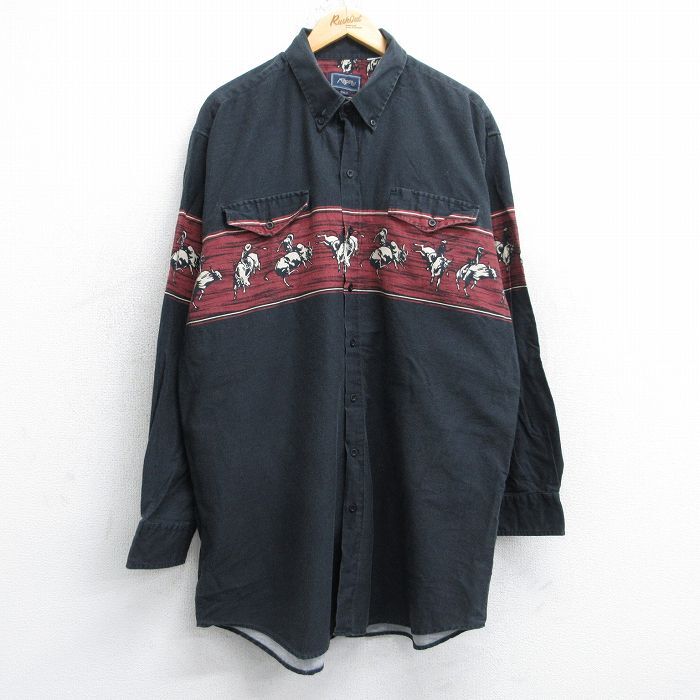 XL/古着 長袖 ウエスタン シャツ メンズ カウボーイ 牛 大きいサイズ ロング丈 ボタンダウン 黒他 ブラック spe 25aug30 中古 トップス拍卖