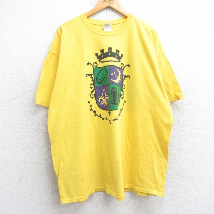 XL/古着 半袖 Tシャツ メンズ エンブレム マルディグラ 大きいサイズ コットン クルーネック 黄 イエロー 25aug30 中古拍卖