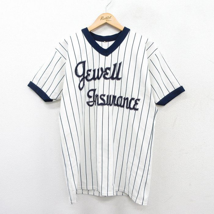 L/古着 半袖 ビンテージ Tシャツ メンズ 80s Jewell Insurance 4 Vネック 白他 ホワイト ストライプ 25aug30 中古拍卖
