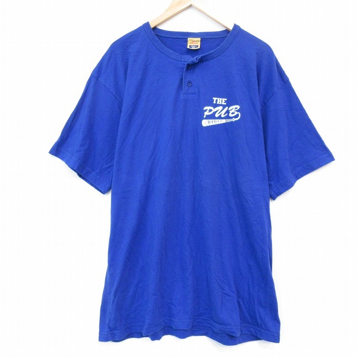 XL/古着 半袖 Tシャツ メンズ バット 大きいサイズ ロング丈 ヘンリーネック 青 ブルー 25aug30 中古拍卖