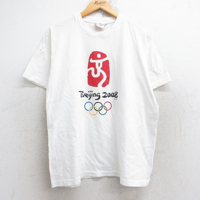 L/古着 半袖 ビンテージ Tシャツ メンズ 00s 北京オリンピック コットン クルーネック 白 ホワイト 25aug29 中古拍卖