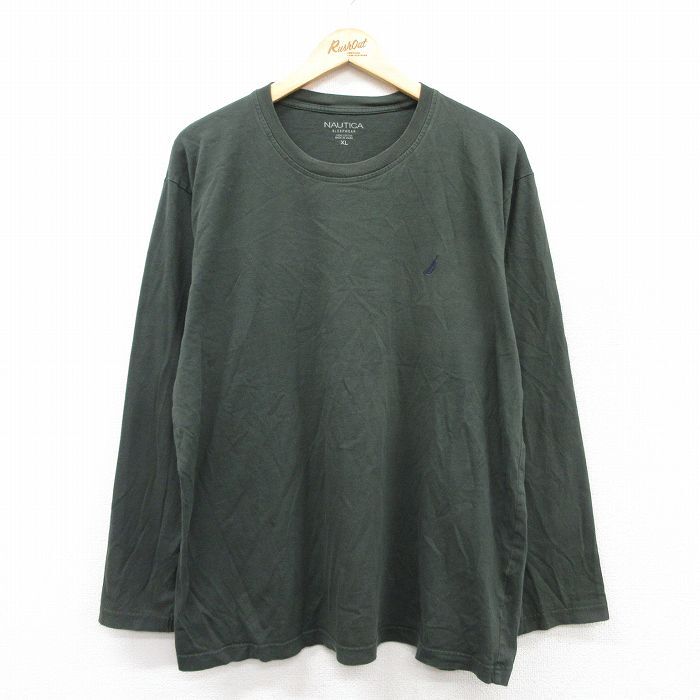 XL/古着 ノーティカ 長袖 ブランド Tシャツ メンズ ワンポイントロゴ 大きいサイズ コットン クルーネック 濃緑 グリーン 25sep03 中古拍卖