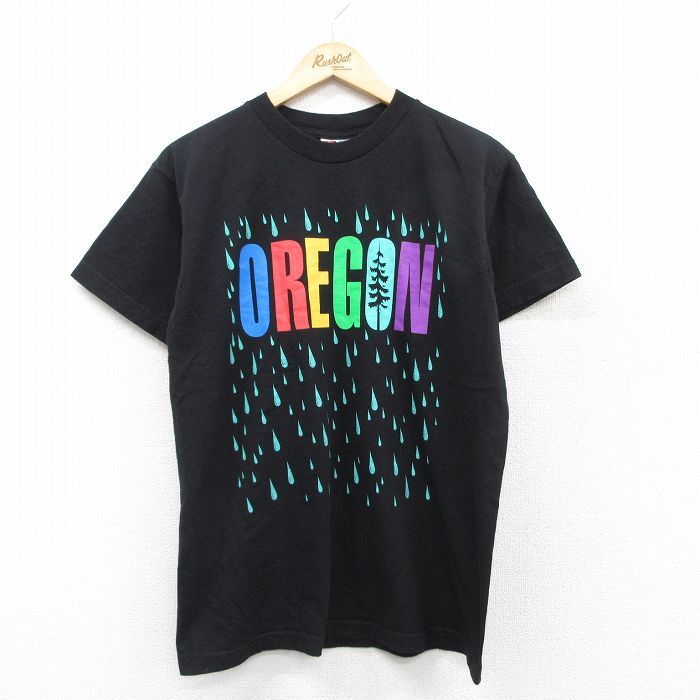M/古着 半袖 ビンテージ Tシャツ メンズ 00s OREGON 雨 コットン クルーネック 黒 ブラック 25sep03 中古拍卖