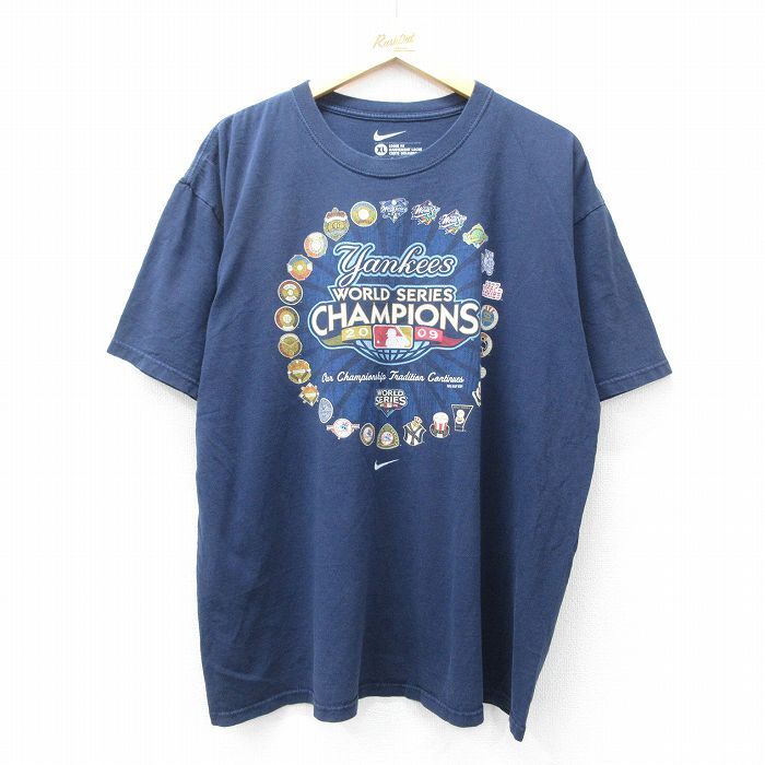 XL/古着 ナイキ NIKE 半袖 ビンテージ Tシャツ メンズ 00s MLB ニューヨークヤンキース 大きいサイズ コットン クルーネック 紺 ネイビー拍卖