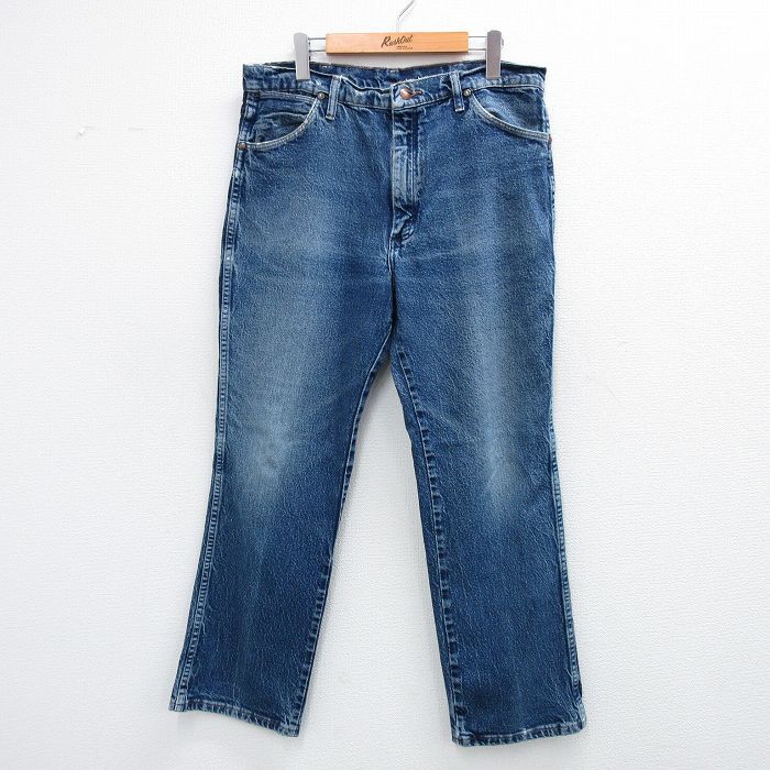W36/古着 ラングラー ジーンズ メンズ ヒゲ 紺 ネイビー デニム 25sep08 中古 ボトムス ジーパン Gパン ロング パンツ拍卖