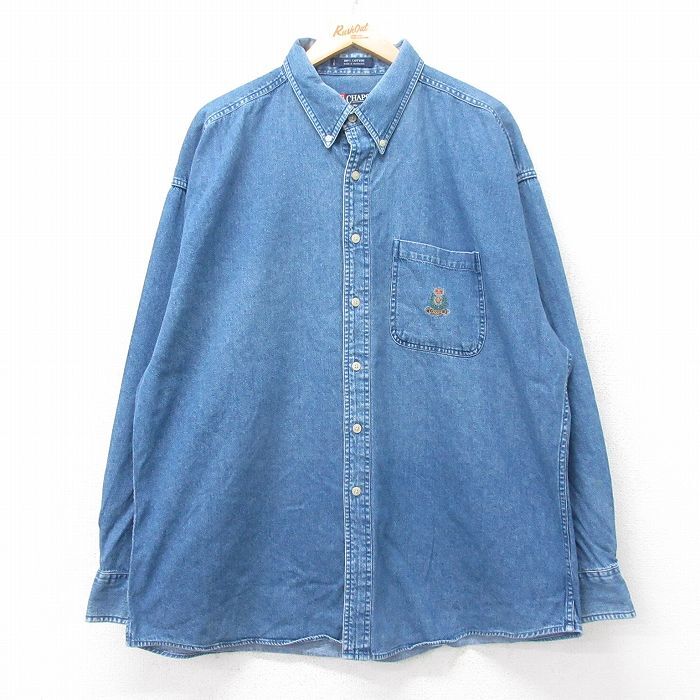XL/古着 ラルフローレン チャップス 長袖 ブランド シャツ メンズ 90s ワンポイントロゴ 大きいサイズ ロング丈 コットン ボタンダウン 紺拍卖