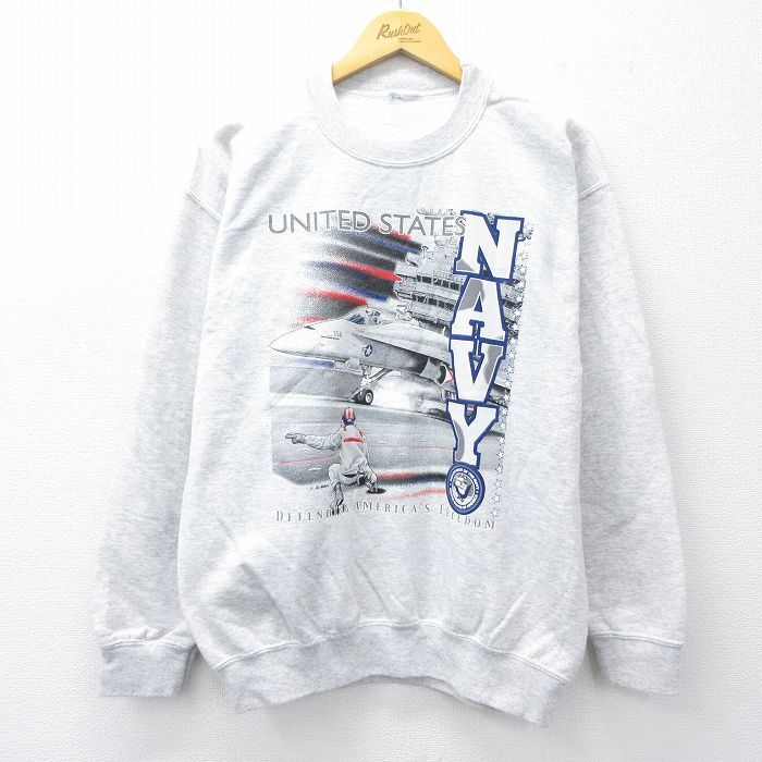 L/古着 長袖 スウェット メンズ ミリタリー ネイビー クルーネック 薄グレー 霜降り 25sep08 中古 スエット トレーナー トップス拍卖