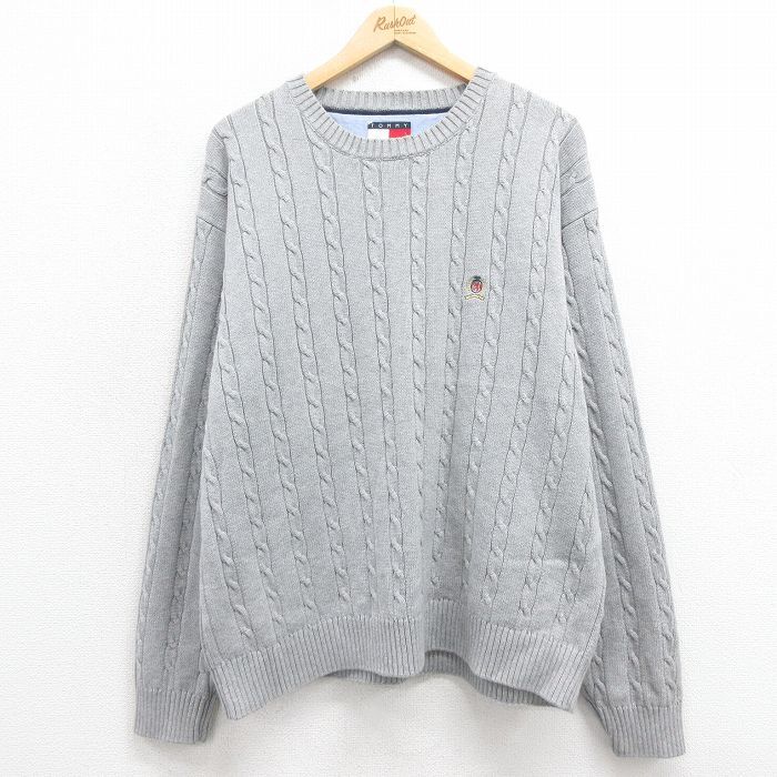 XL/古着 トミーヒルフィガー 長袖 ブランド ケーブル セーター メンズ 90s ワンポイントロゴ 大きいサイズ コットン クルーネック グレー 2拍卖