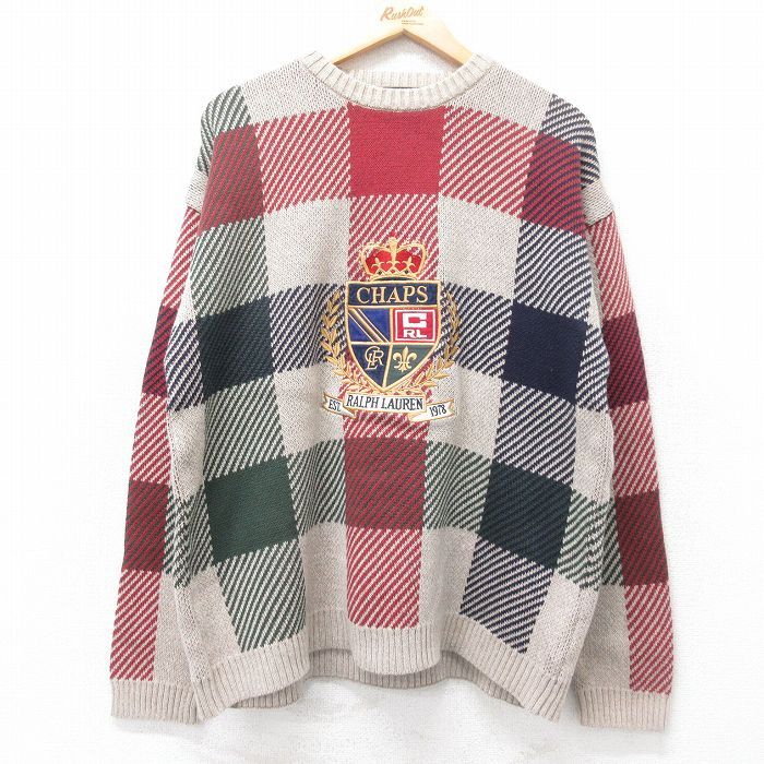 L/古着 ラルフローレン チャップス 長袖 ブランド セーター メンズ 90s ビッグロゴ 刺繍 コットン クルーネック 薄茶他 ブラウン チェック拍卖