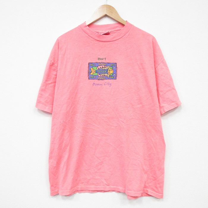 XL/古着 半袖 ビンテージ Tシャツ メンズ 90s 魚 大きいサイズ コットン クルーネック ピンク 25sep06 中古拍卖