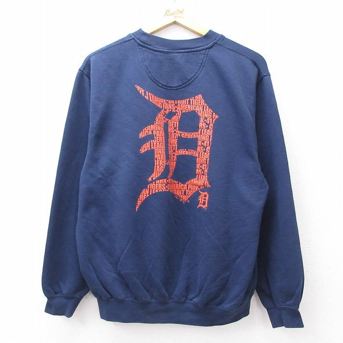 L/古着 マジェスティック 長袖 スウェット メンズ 00s MLB デトロイトタイガース クルーネック 紺 ネイビー 25sep13 中古 スエット トレー拍卖