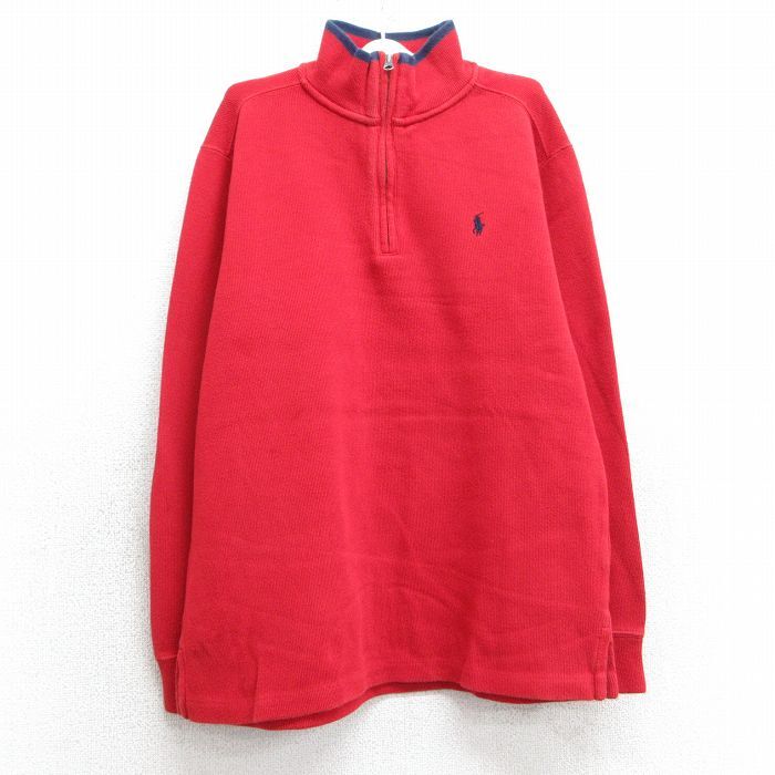 古着 ラルフローレン 長袖 ブランド ハーフジップ トップス キッズ ボーイズ 子供服 90s ワンポイントロゴ コットン 赤 レッ拍卖