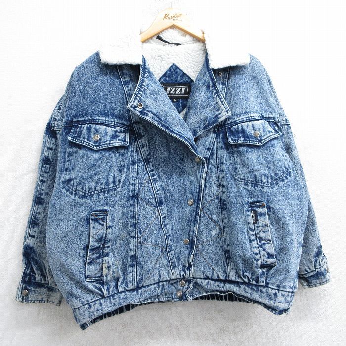 古着 長袖 デニム ボア ジャケット レディース 90s ケミカルウォッシュ 大きいサイズ 紺 ネイビー spe 25feb26 中古 アウタ拍卖