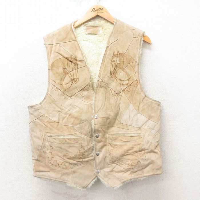 L/古着 スエード レザー ボア ベスト メンズ 馬 パッチワーク ベージュ カーキ 25feb10 中古 アウター拍卖