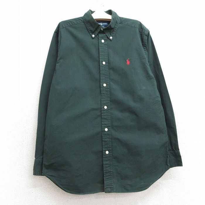 古着 ラルフローレン 長袖 ブランド シャツ キッズ ボーイズ 子供服 90s ワンポイントロゴ コットン ボタンダウン 緑 グリー拍卖