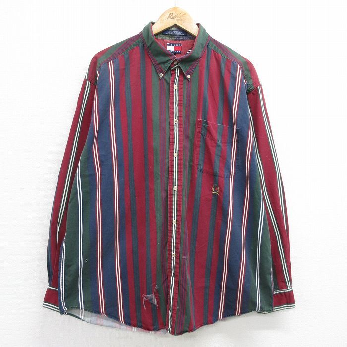 XL/古着 トミーヒルフィガー 長袖 ブランド シャツ メンズ 90s ワンポイントロゴ 大きいサイズ ロング丈 コットン ボタンダ拍卖