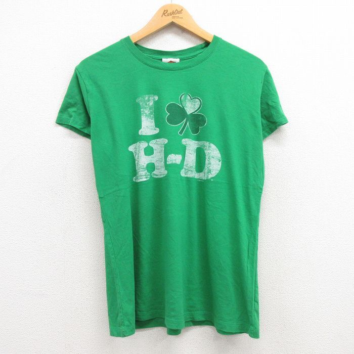 古着 ハーレーダビッドソン 半袖 Tシャツ レディース GENEVA クローバー コットン クルーネック 緑 グリーン 24may21 中古拍卖
