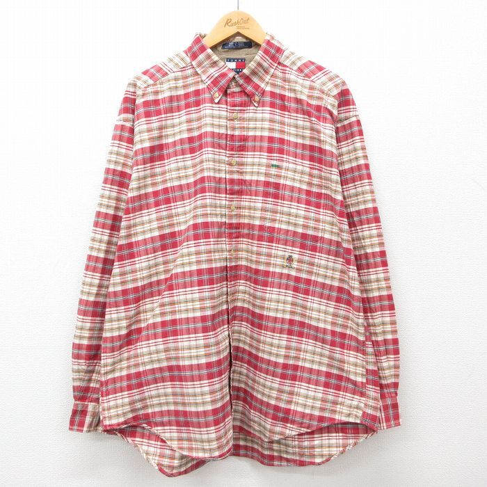 XL/古着 トミーヒルフィガー 長袖 ブランド シャツ メンズ 90s ワンポイントロゴ 大きいサイズ コットン ボタンダウン 赤他拍卖