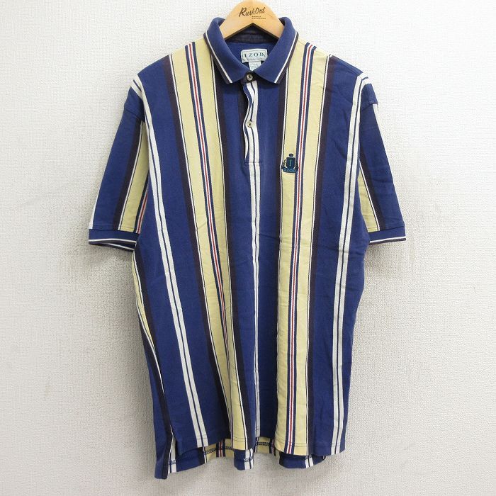 L/古着 IZOD 半袖 ポロ シャツ メンズ 90s ワンポイントロゴ コットン 鹿の子 紺他 ネイビー ストライプ 24mar22 中古 トッ拍卖