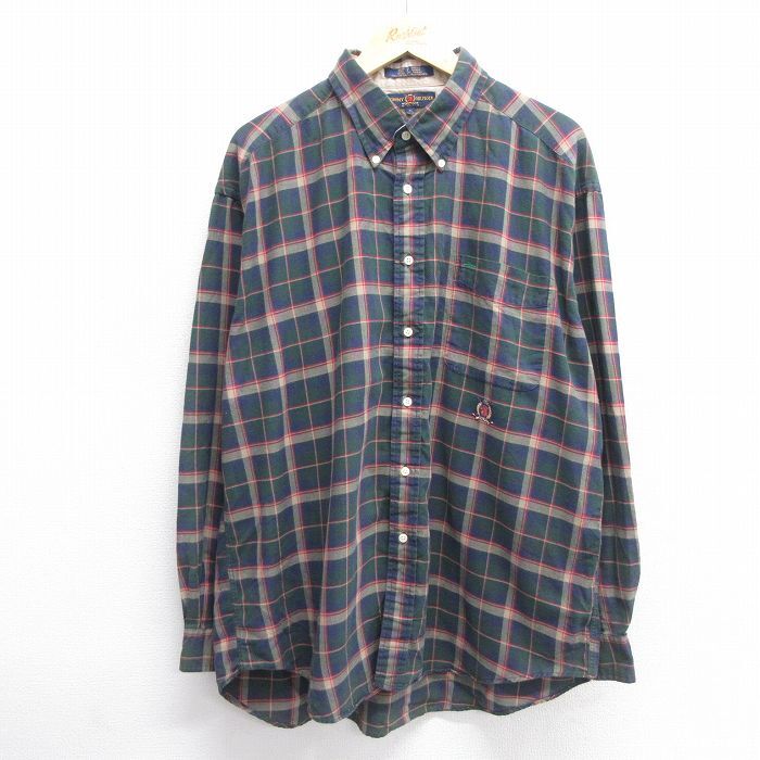 XL/古着 トミーヒルフィガー 長袖 ブランド シャツ メンズ 90s ワンポイントロゴ 大きいサイズ ロング丈 コットン ボタンダ拍卖