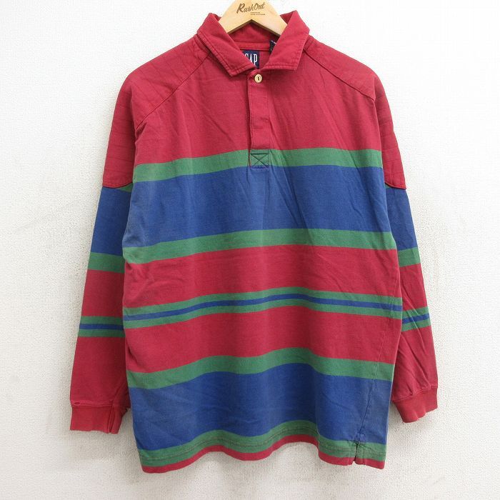 L/古着 ギャップ GAP 長袖 ブランド ラガー シャツ メンズ 90s ラグラン コットン 赤他 レッド ボーダー 24sep06 中古 トッ拍卖