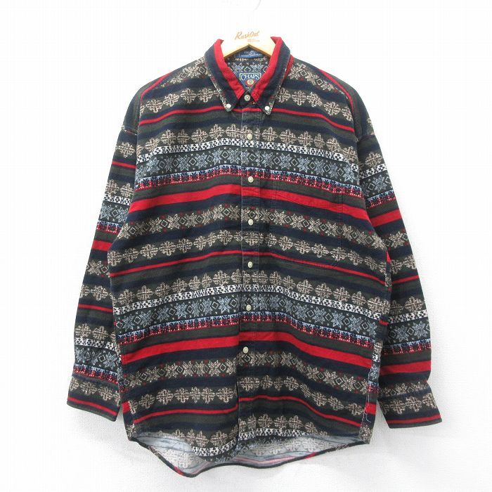 XL/古着 ラルフローレン チャップス 長袖 ブランド ヘビー フランネル シャツ メンズ 90s 雪柄 コットン ボタンダウン 緑他拍卖