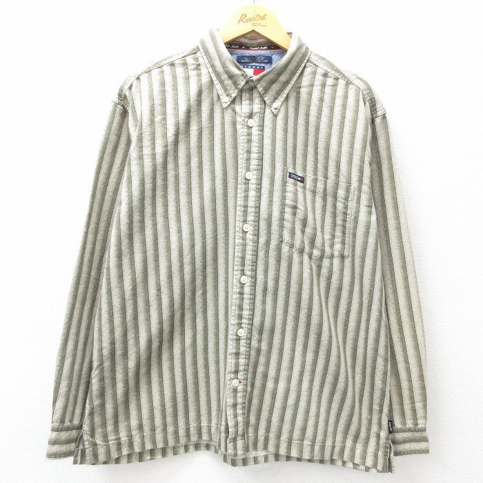 XL/古着 トミーヒルフィガー 長袖 ブランド シャツ メンズ 90s ワンポイントロゴ コットン ボタンダウン 濃緑他 グリーン ス拍卖