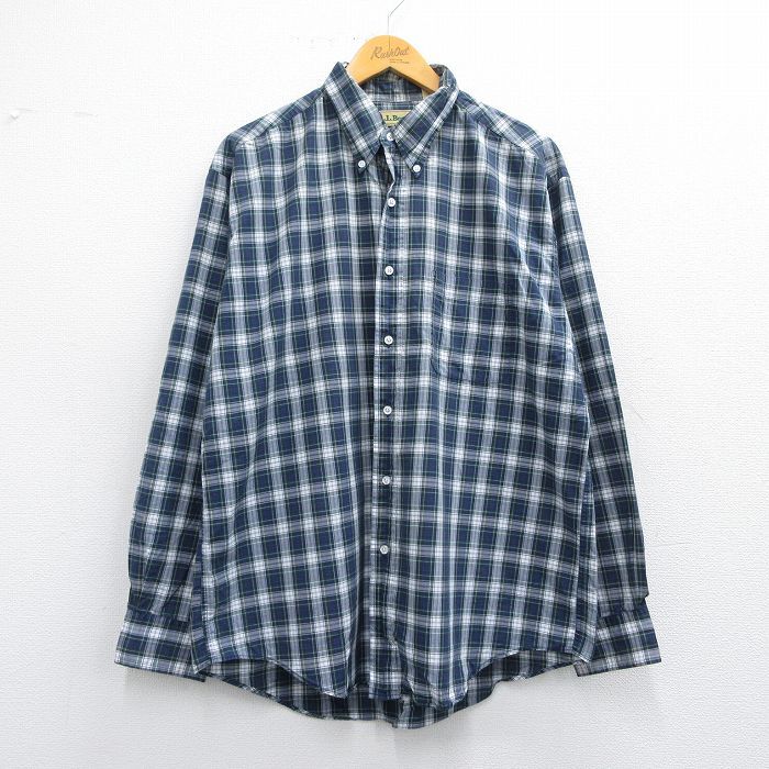 XL/古着 エルエルビーン LLBEAN 長袖 ブランド シャツ メンズ 80s コットン ボタンダウン 紺他 ネイビー チェック 25may17拍卖