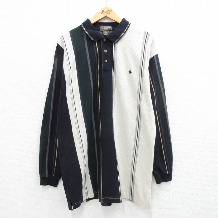 L/古着 長袖 ポロ シャツ メンズ 90s ロング丈 鹿の子 濃紺他 ネイビー ストライプ 24feb05 中古 トップス拍卖
