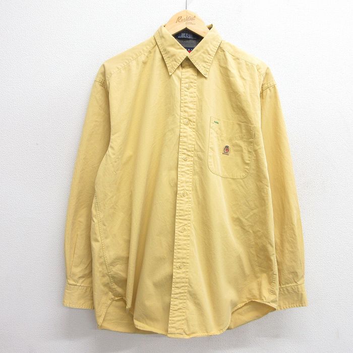 XL/古着 トミーヒルフィガー 長袖 ブランド シャツ メンズ 90s ワンポイントロゴ コットン ボタンダウン 黄 イエロー 25mar2拍卖