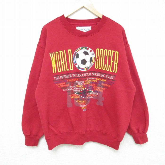 XL/古着 長袖 スウェット メンズ ワールド サッカー クルーネック 赤 レッド 23oct13 中古 スエット トレーナー トップス拍卖