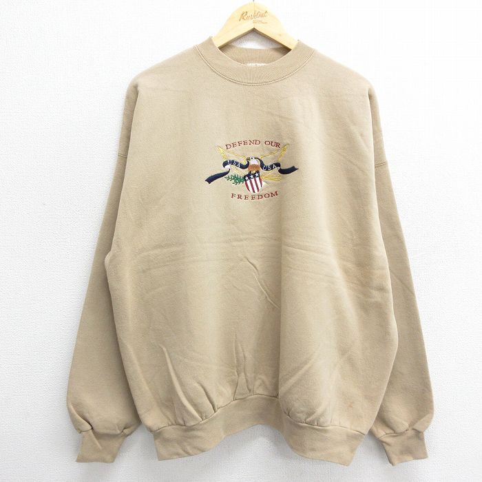 XL/古着 ヘインズ 長袖 スウェット メンズ 00s FREEDOM 鳥 刺繍 大きいサイズ クルーネック ベージュ カーキ 24sep14 中古拍卖