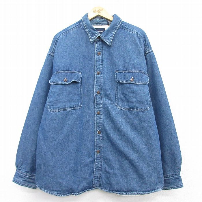 XL/古着 ピューリタン 長袖 シャツ メンズ 00s 大きいサイズ ロング丈 コットン 紺 ネイビー デニム 内側フリース 25feb26拍卖