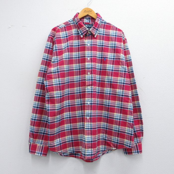 XL/古着 ラルフローレン 長袖 ブランド シャツ メンズ 90s ワンポイントロゴ 大きいサイズ コットン ボタンダウン 赤他 レッ拍卖