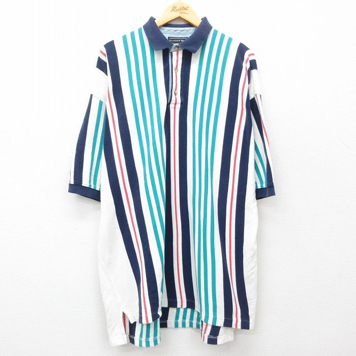 XL/古着 半袖 ポロ シャツ メンズ 90s 鹿の子 大きいサイズ コットン 紺他 ネイビー ストライプ 25may29 中古 トップス拍卖